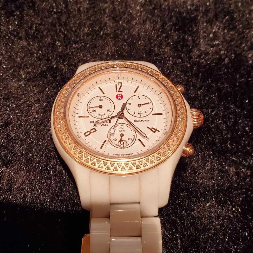 Michele White Ceramic Rose Gold Diamond watch.